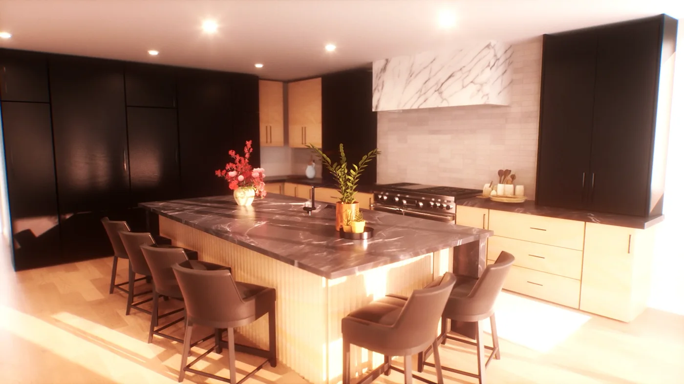 Photoreal kitchen — dark cabinetry and marble