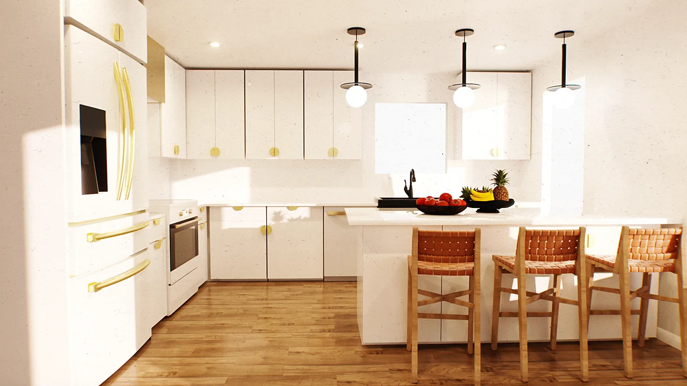 Photoreal kitchen — white and brass