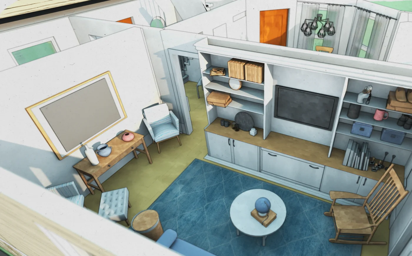 Textured dollhouse view — living room