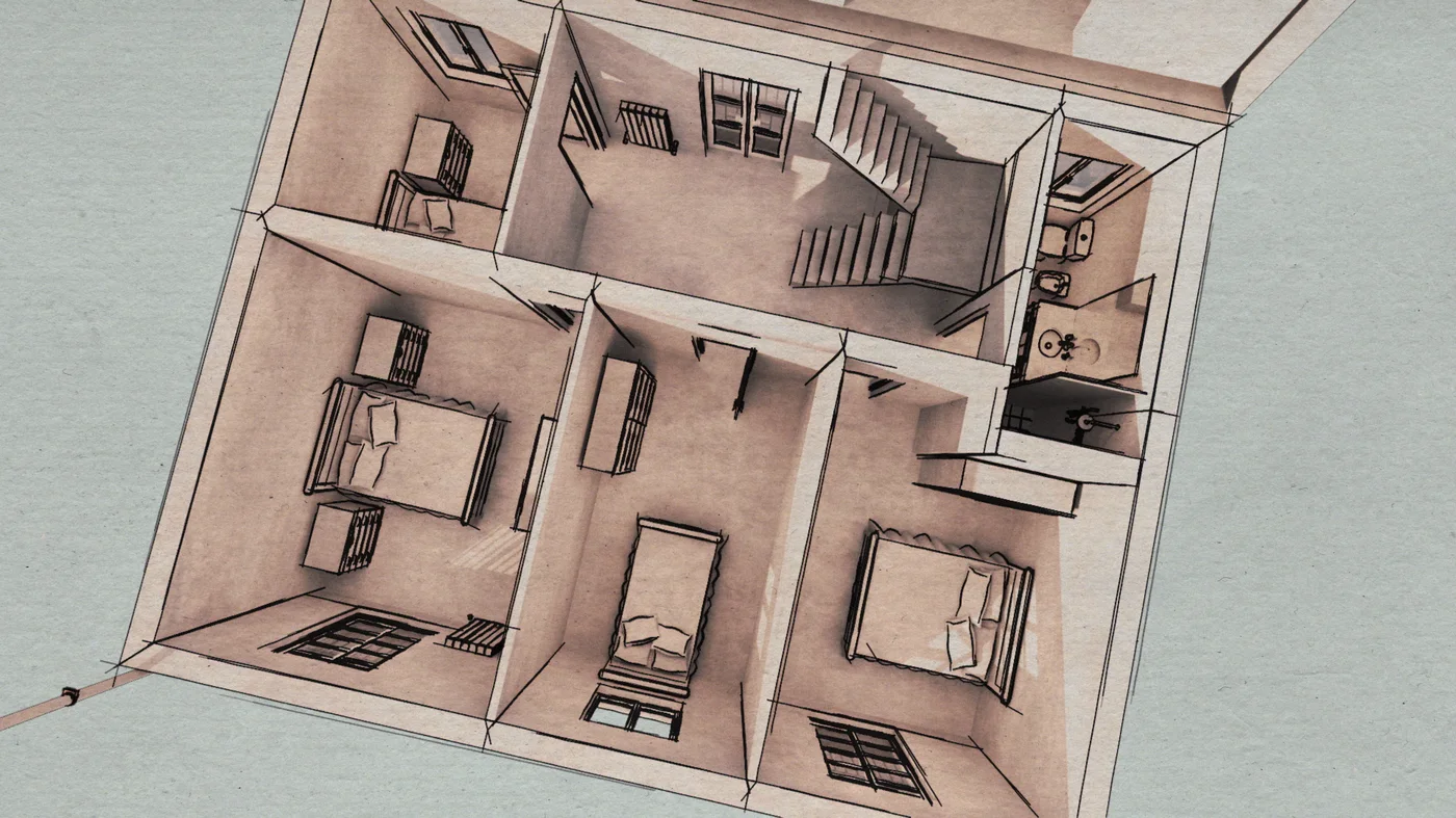 Watercolor sketch — furnished floor plan